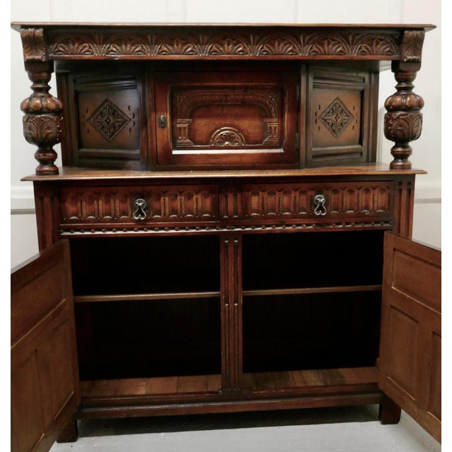 Wood 19th Century Arts & Crafts Gothic Carved Oak Court Cupboard, 1900s For Sale - Image 7 of 9