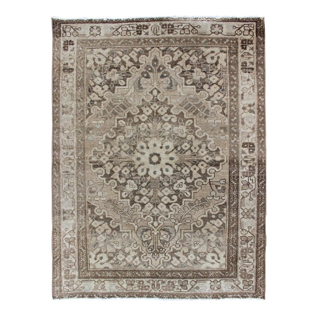 Earth Tone and Neutral Tone Vintage Persian Lilihan Rug With Medallion For Sale