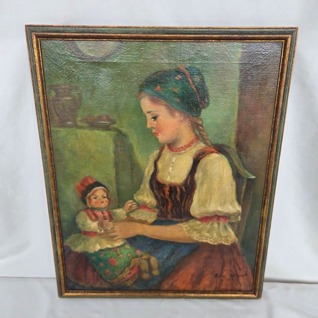 A charming original oil on canvas by Bela Horvath (1888–1973) depicting a young girl dressed in traditional Hungarian folk...
