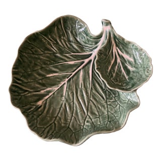 Vintage Bordallo Pinheiro Cabbage Leaf Chip Dip Serving Dish Bowl Plate Entertaining For Sale
