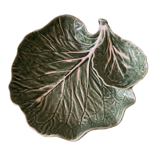 Vintage Bordallo Pinheiro Cabbage Leaf Chip Dip Serving Dish Bowl Plate Entertaining For Sale