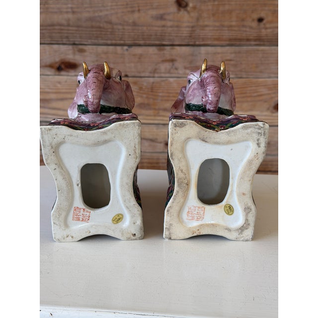 Ceramic Pair of Chinese Export Famille Rose Style Elephant Bookends or Decorative Objects For Sale - Image 7 of 11