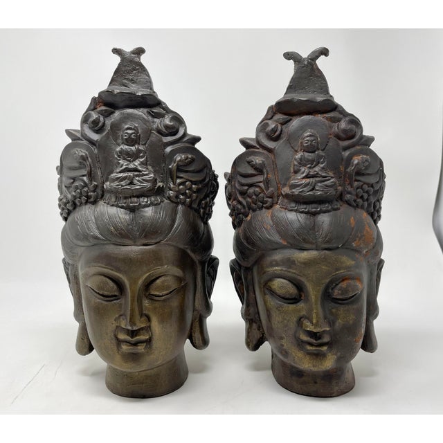 Antique Guan Yin Bodhisattva Bronzed Iron Head Figures - Set of 2 For Sale - Image 10 of 10