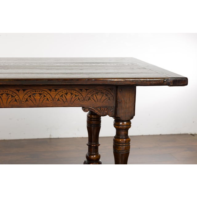 Brown 19th Century English Oak Table with Carved Apron and Turned Legs For Sale - Image 8 of 12