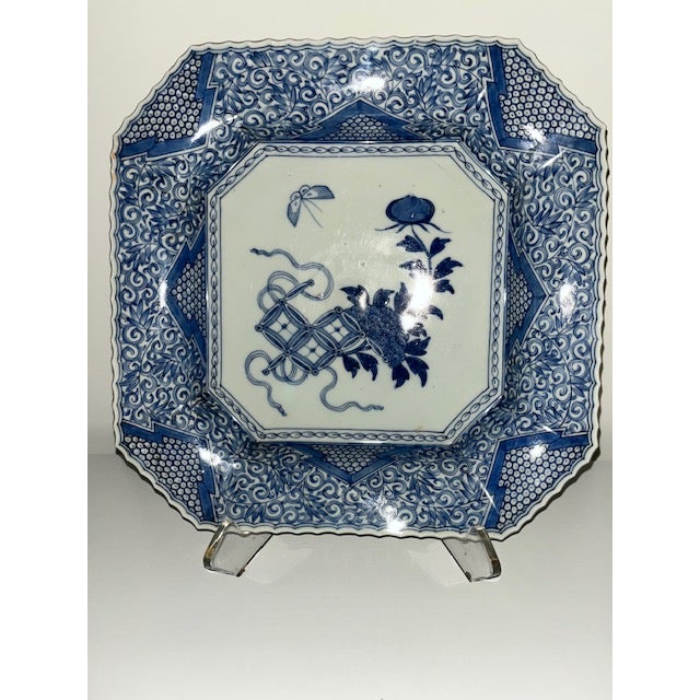 Antique Japanese Octagonal Blue and White Porcelain Plate With Butterly and Floral Design For Sale - Image 15 of 18