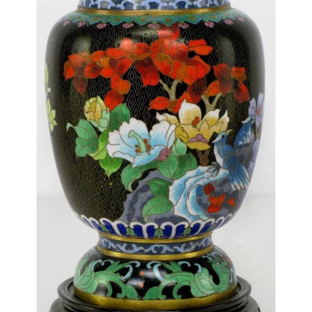 Colorful Floral Cloisonne Vases on Carved Bases - a Pair For Sale - Image 9 of 11