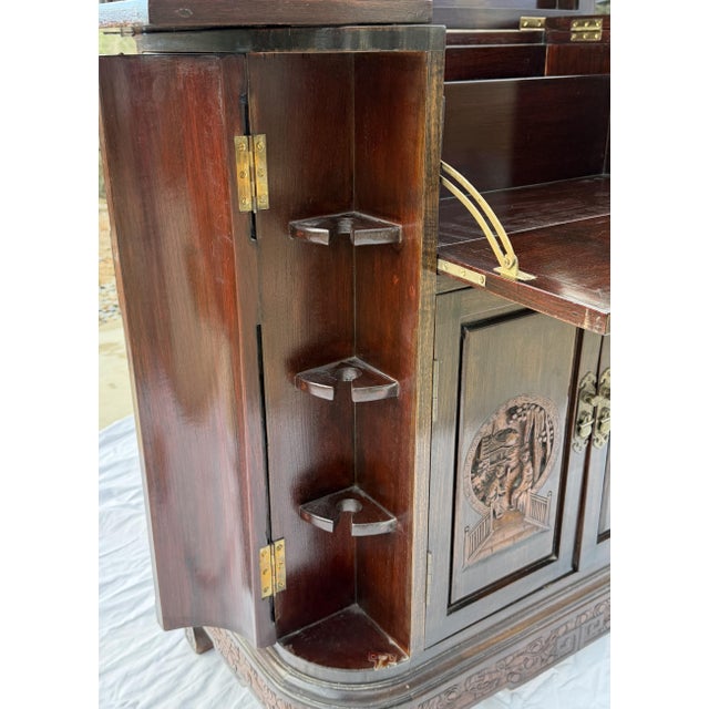 Wood Mid-Century Chinese Hand-Carved Altar Cocktail Bar Cabinet by Hk Old Mary Sing Shun Co. - No. 9143 (With Original Catalog) For Sale - Image 7 of 17
