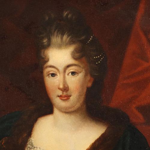 French School Artist, Portrait of a Noblewoman with a Puppy, 1700s, Oil Painting, Framed For Sale - Image 4 of 12