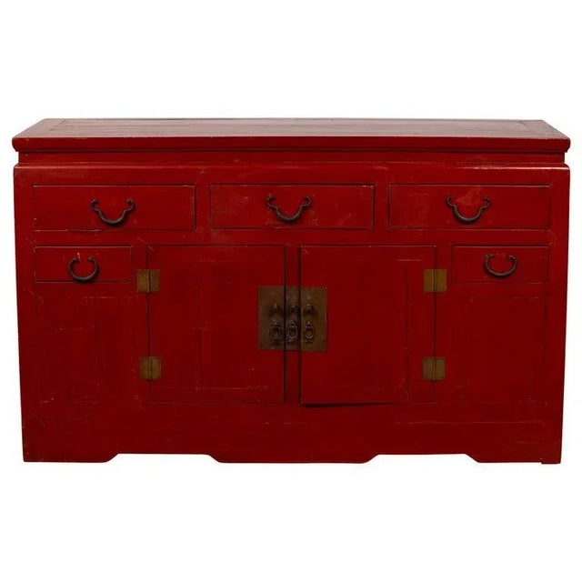 Chinese Antique Red Lacquered Console Cabinet with Drawers and Doors For Sale - Image 13 of 13