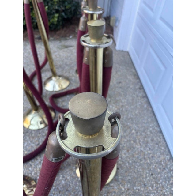 Textile Vintage Mid Century Solid Heavy Brass Glaro Red Velvet Stanchions for Movie Theatre, Security, Set of Eight For Sale - Image 7 of 9