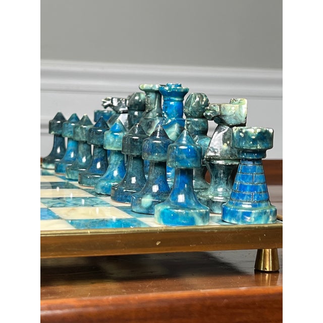 1960s Chinese Stone Chess Set on Brass Framed and Footed Board in Blue and White, 1960s For Sale - Image 5 of 15