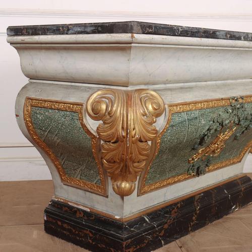 18th C Italian original painted altar type console with simulated marble pait finish and a 4cm thick inlaid marble top....