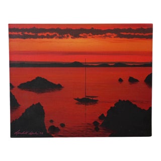 1990s Seascape Painting Wall Art - Original Acrylic Art by Randall Seals 16x20 Inches - Sunset Coastal Home Decor For Sale