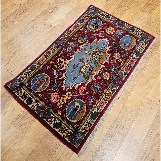 Vintage Persian Tabriz Pictorial Rug, Hand-Knotted Wool & Silk, Forest Scene, Red & Blue, 2x3 For Sale In Chicago - Image 6 of 15