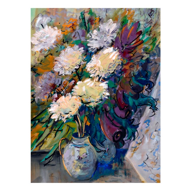 Modern 1970s Modern White Chrysanthemums Still Life Painting by Jaroslav Pavlis For Sale - Image 3 of 4