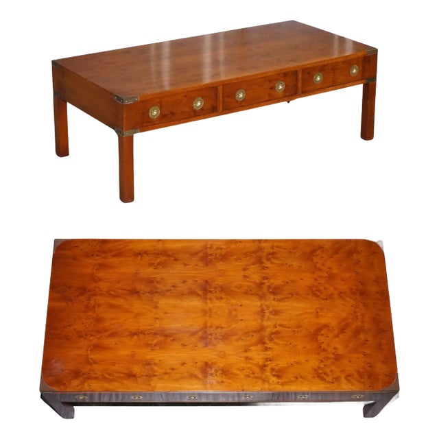 Military Campaign 3-Drawer Coffee Table in Burr Yew Wood, Elm and Brass, 1950s For Sale