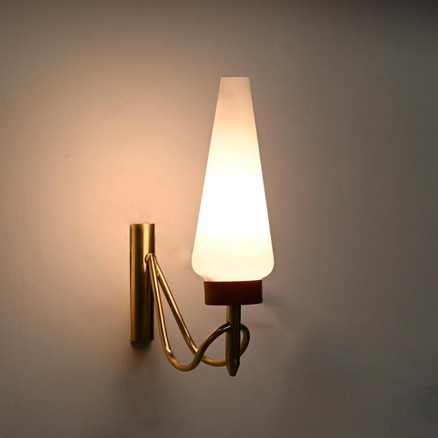 Sconces in Brass, Opal Glass and Red Metal attributed to Oscar Torlasco, Italy, 1950s, Set of 2 For Sale - Image 10 of 14