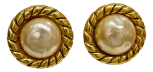 Karl Lagerfeld 1980s Large Baroque Glass Pearl Gold Plated Cable Link Earrings, 2 Pieces