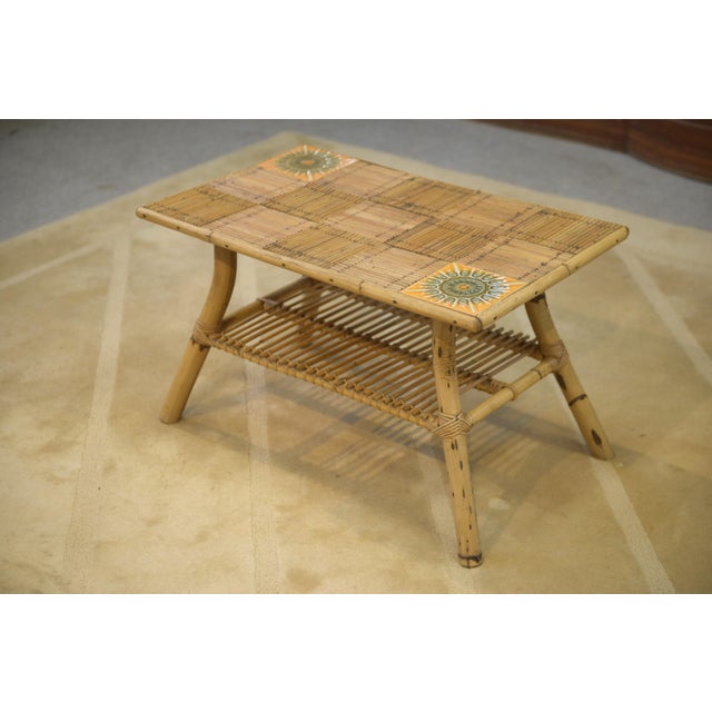 Wood Coffee Table in Rattan and Ceramic attributed to Audoux Minet, 1950s For Sale - Image 7 of 9