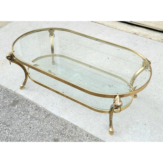 Hollywood Regency Vintage Maison Jansen (Unsigned) Neoclassical Style Two-Tiered Brass Rams Head Motif Cocktail Tables For Sale - Image 3 of 6
