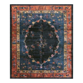 1900s Traditional Chinese Vase Navy Blue Field Antique Peking Room Size Wool Rug For Sale