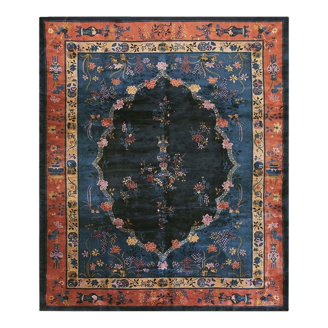 1900s Traditional Chinese Vase Navy Blue Field Antique Peking Room Size Wool Rug For Sale