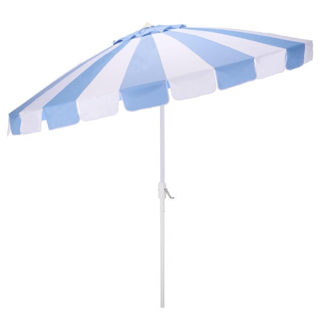 Metal Buti 9 Ft Crank Umbrella, Baby Blue Cabana Stripe/White Pole For Sale - Image 7 of 8