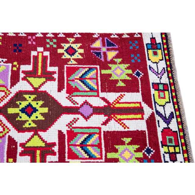 Vintage Red Turkish Handmade Multicolor Geometric Pattern Wool Runner For Sale - Image 10 of 11