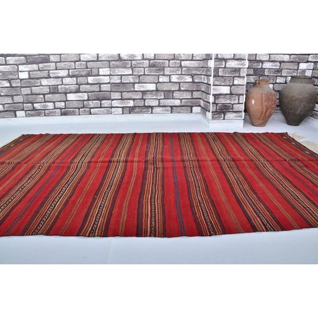 1960s Vintage Crimson Red Turkish Striped Kilim Rug With Geometric Border Details For Sale - Image 5 of 10