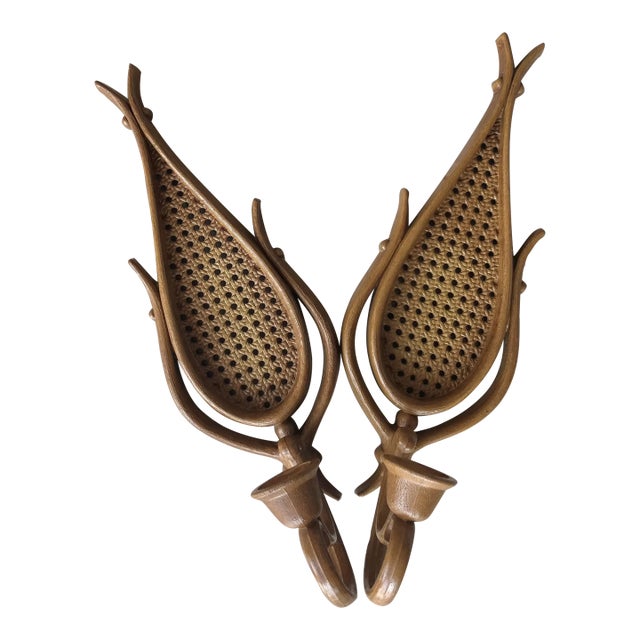 Circa 1981 Geometric Teardrop-Shape Faux Rattan & Cane Wall Sconces For Sale