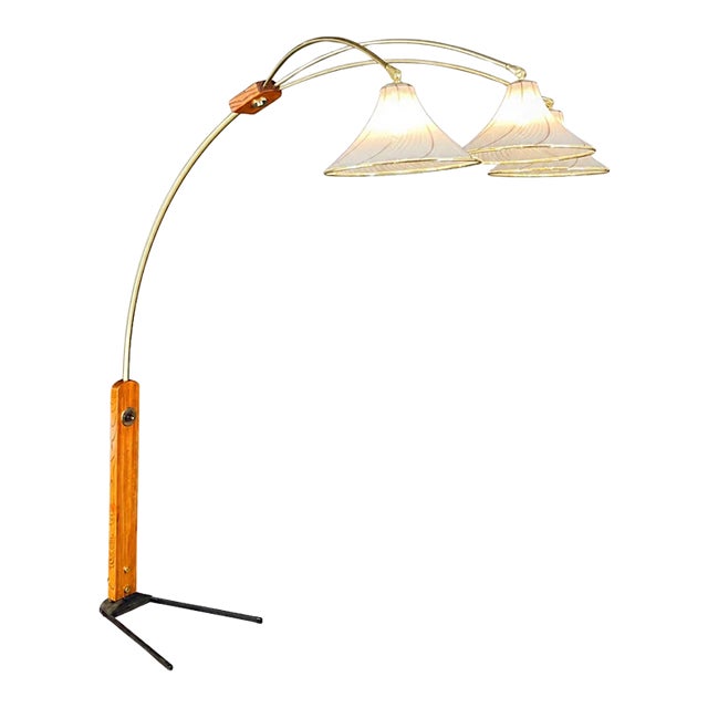 Mid-Century Modern Oak & Brass Arc Floor Lamp by Nova, c.1970’s For Sale