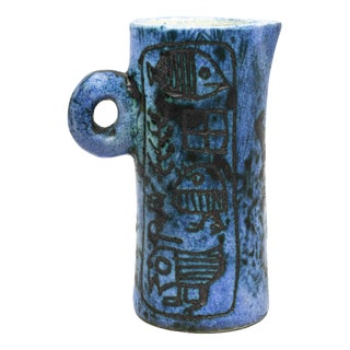 Small Mid-Century French Blue Ceramic Ewer with Engraved Decoration of Stylized Owls and Fish by Jacques Blin, 1950s For Sale