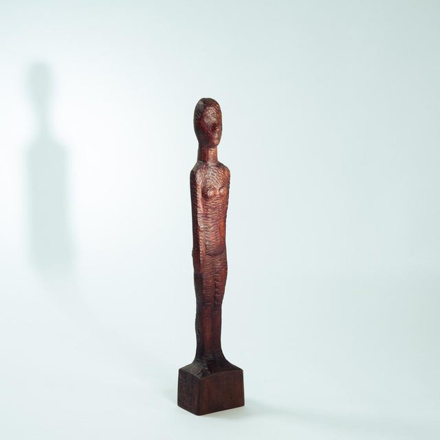 Dutch Brutalist wood sculpture of womans figure, carved by Koos van Vlijmen, 1970s The sculpture has a height of 95 cm....