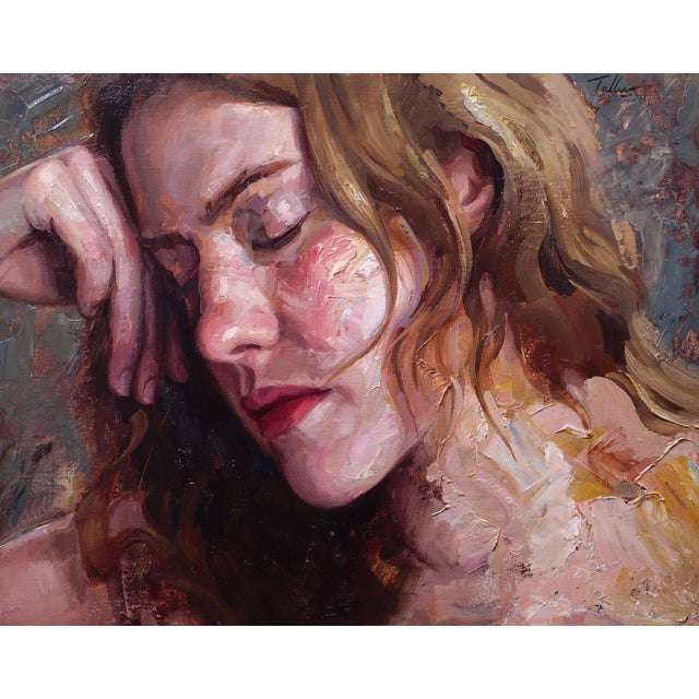 This oil painting depicts a serene figure resting her head on her hand, conveying a deep sense of introspection and...