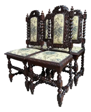 Set 4 Antique French Dining Chairs Barley Twist Renaissance Carved Oak Green 1900
