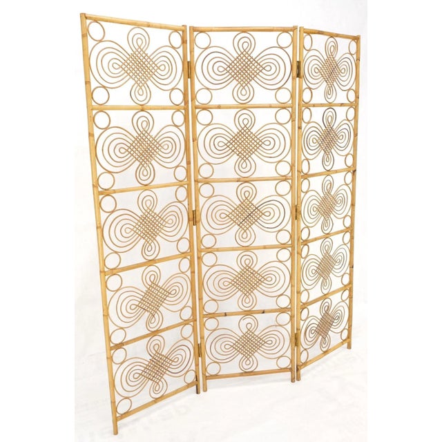 Mid Century Stunning Pattern Three Panel Bamboo Rattan Room Divider Screen For Sale - Image 9 of 11