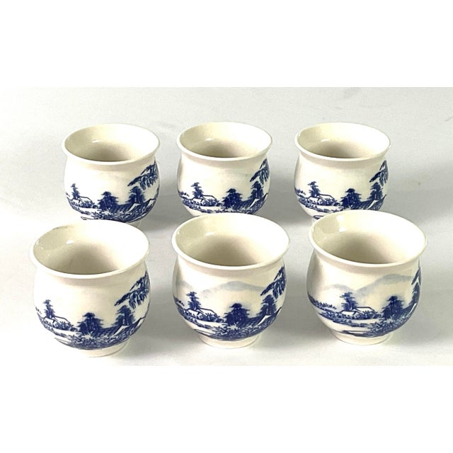 1950s Japanese, Hand Painted Blue and White Stoneware- Flared Rim Sake Cups– Set of Six For Sale - Image 6 of 6