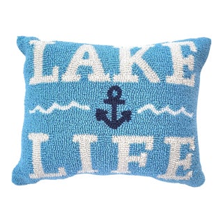 Vintage Wool Hooked Pillow "Lake Life" With Anchor For Sale