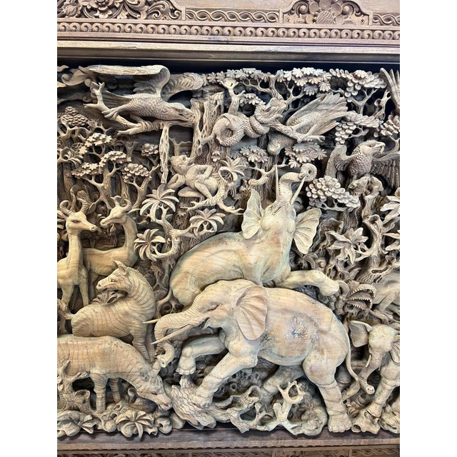 Brown Monumental Indonesian Architectural Carved Teak Relief Wall Panel For Sale - Image 8 of 16