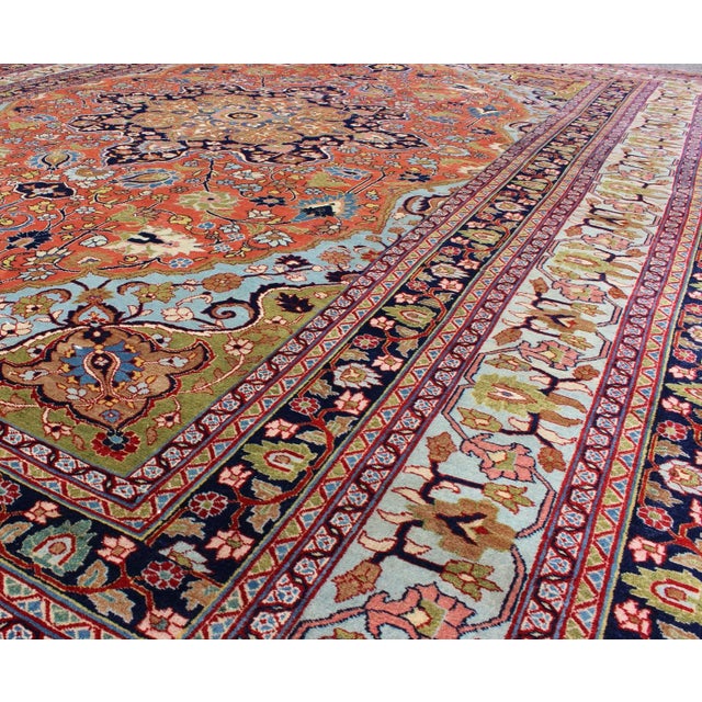 Textile Antique Fine Tabriz Persian Rug With Circular, Script-Style Medallion & Orange Field For Sale - Image 7 of 9