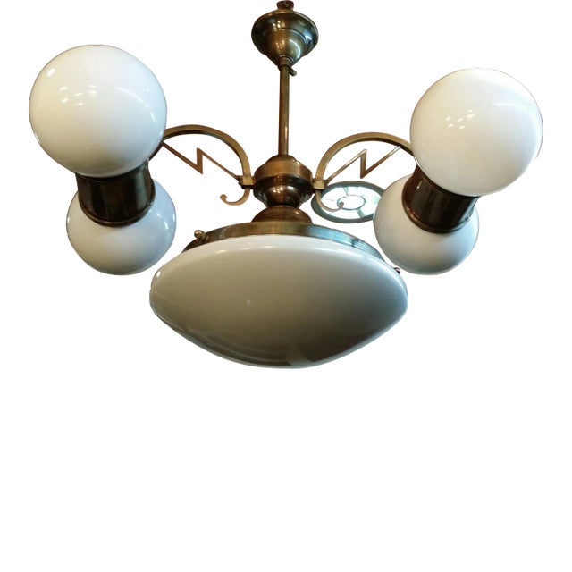 1940s Vintage Art Deco Brass Chandelier in Milk Glass Shade Lamp For Sale