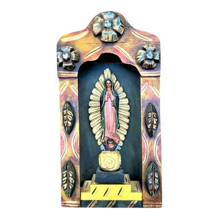 Mexican Hand Carved and Painted Wooden Virgin of Guadalupe - Late 20th Century For Sale