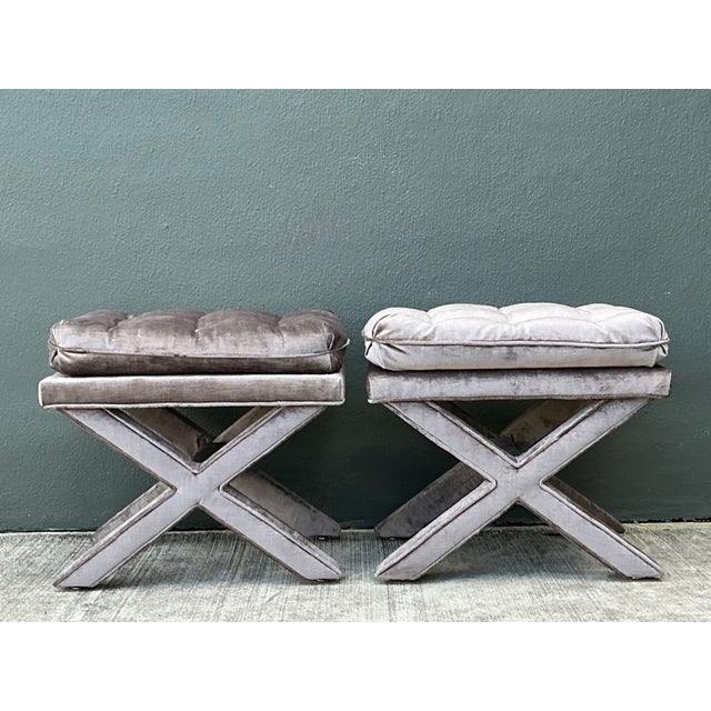 Vintage Tufted Velvet X Benches - A Pair For Sale - Image 10 of 12