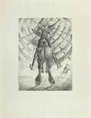 Wladyslaw Jahl, Don Quixote and the Windmill, Etching and Drypoint, 1951