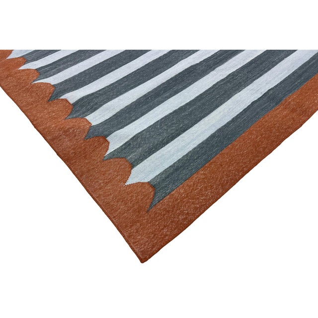 Handmade Cotton Area Rug, Vegetable Dyed, Sky Blue, Gray and Terracotta Striped Dhurrie -8'x12' For Sale - Image 6 of 13