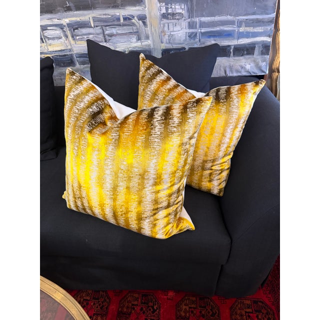 Gold Hand Dyed Gold Velvet Ikat Design Pillow With New Insert For Sale - Image 8 of 8
