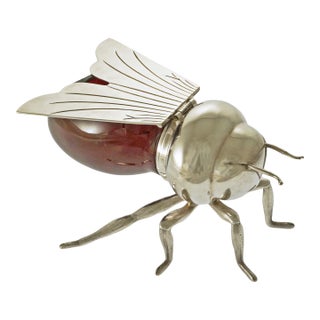 Vintage Honey Bee Pot Red Glass Silverplate Novelty 21 Club New York Memorabilia For Sale