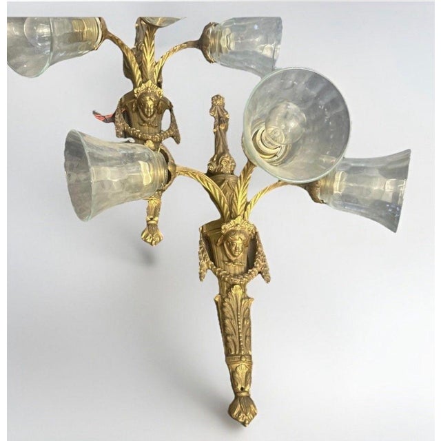 1900 - 1909 Vintage Neoclassical Gilt Brass Figural Three-Light Wall Sconces - a Pair For Sale - Image 5 of 12