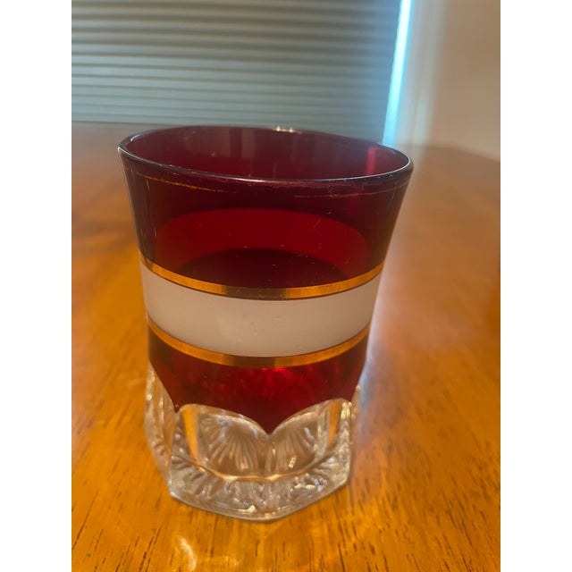 Mid 20th Century Vintage Ruby Red Glass Pitcher & 6 Tumblers Set - White and Gold Banded Barware For Sale - Image 5 of 11