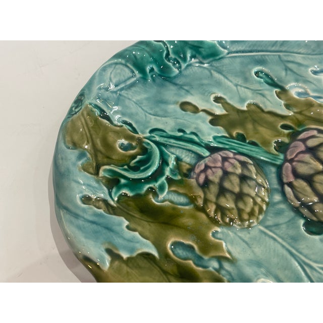 Light Green Antique French Majolica Artichoke, Asparagus Serving Dishes , a-Pair For Sale - Image 8 of 18